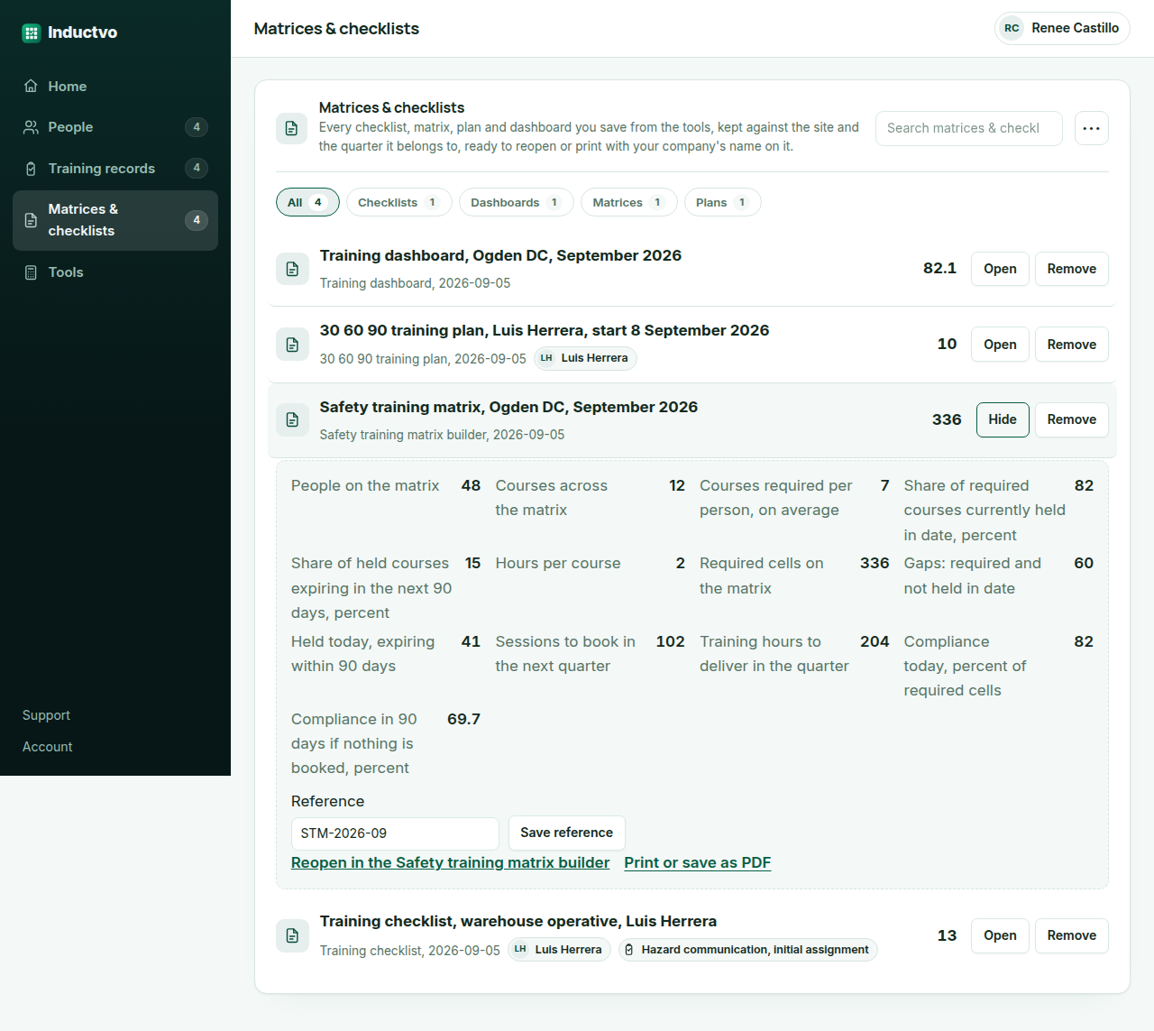 The Inductvo record signed in, on the Matrices & checklists tab, with a saved safety training matrix for a distribution center opened: headcount, courses, the share of required holdings in date, the gaps, the holdings expiring within ninety days, the sessions to book and the compliance figure now and in ninety days